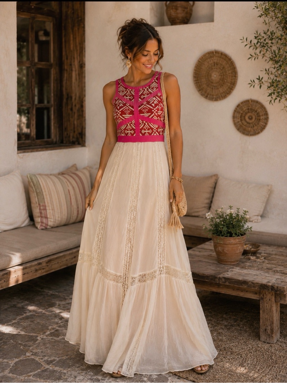 Fuchsia Embroidered Maxi Dress with Cream Skirt